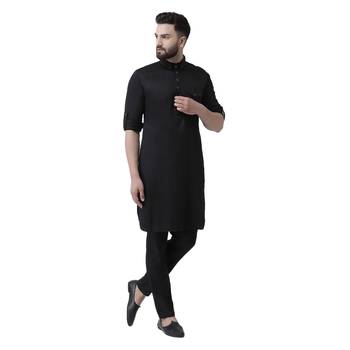 Black Plain Cotton Men Kurtas 4