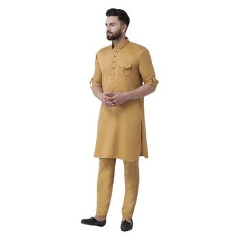 Mustard  Plain Cotton Men Kurtas 2