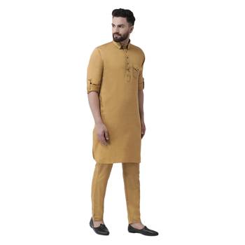 Mustard  Plain Cotton Men Kurtas 4