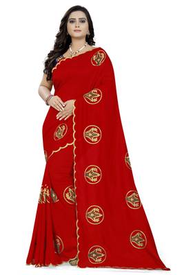 Red Embroidered Faux Georgette Saree With Blouse 1