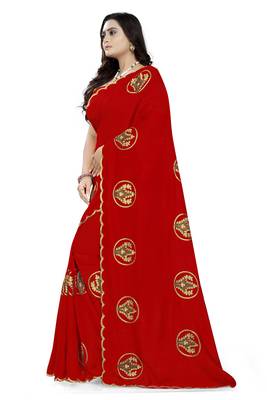 Red Embroidered Faux Georgette Saree With Blouse 2