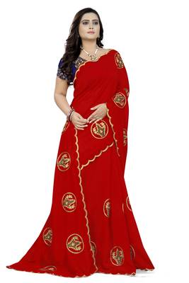 Red Embroidered Faux Georgette Saree With Blouse 3