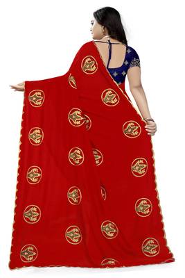 Red Embroidered Faux Georgette Saree With Blouse 4