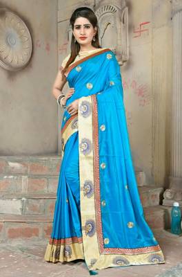 Turquiose Embroidered Art Silk Aree With Blouse 1