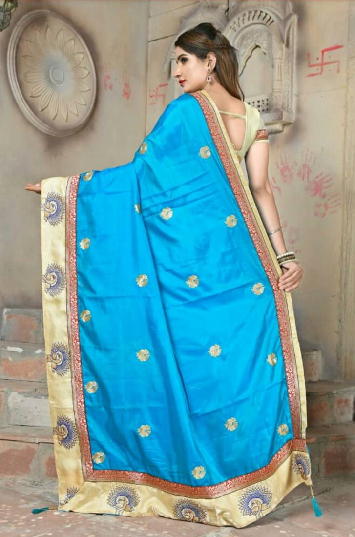 Turquiose Embroidered Art Silk Aree With Blouse