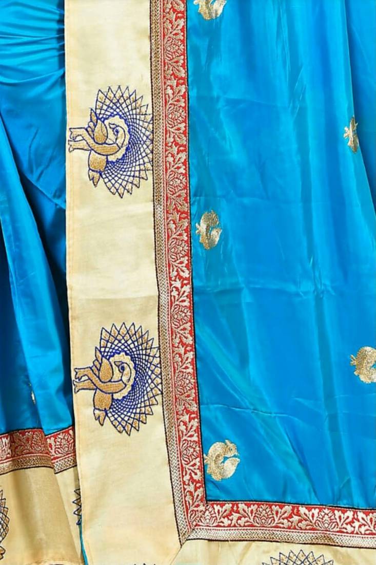 Turquiose Embroidered Art Silk Aree With Blouse