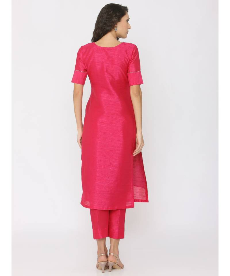 dark-pink plain silk kurta-sets
