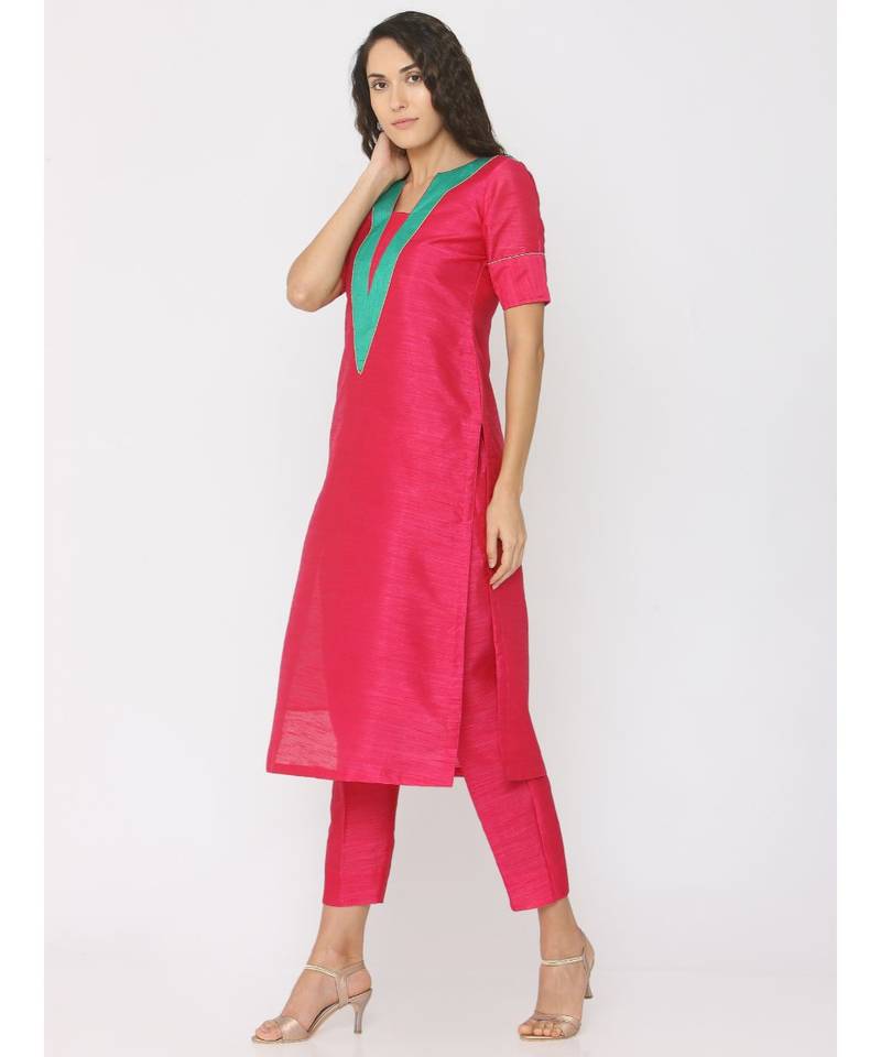 dark-pink plain silk kurta-sets