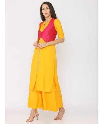 yellow plain rayon kurta-sets 3
