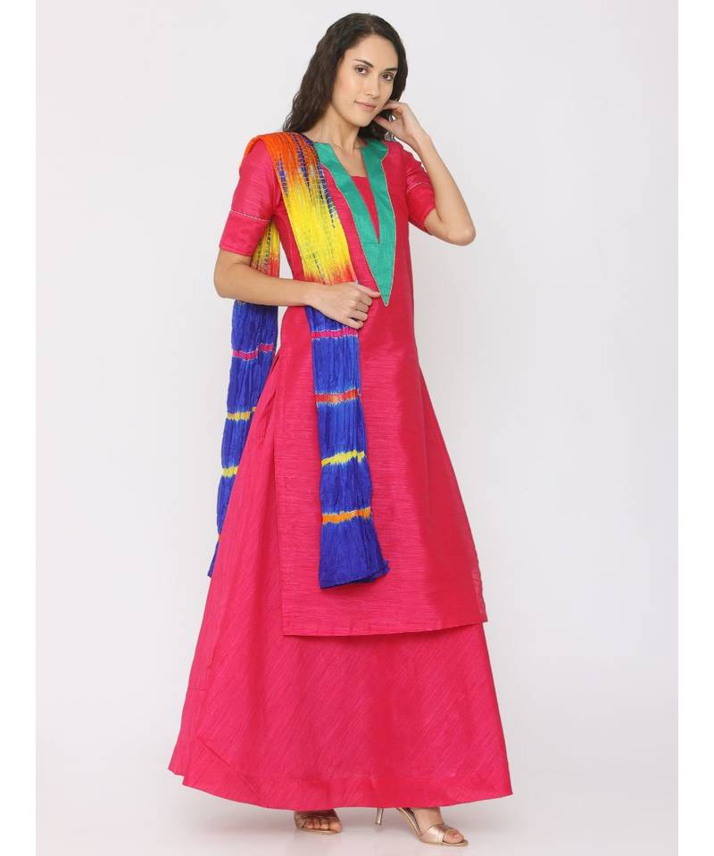 dark-pink plain silk kurta-sets