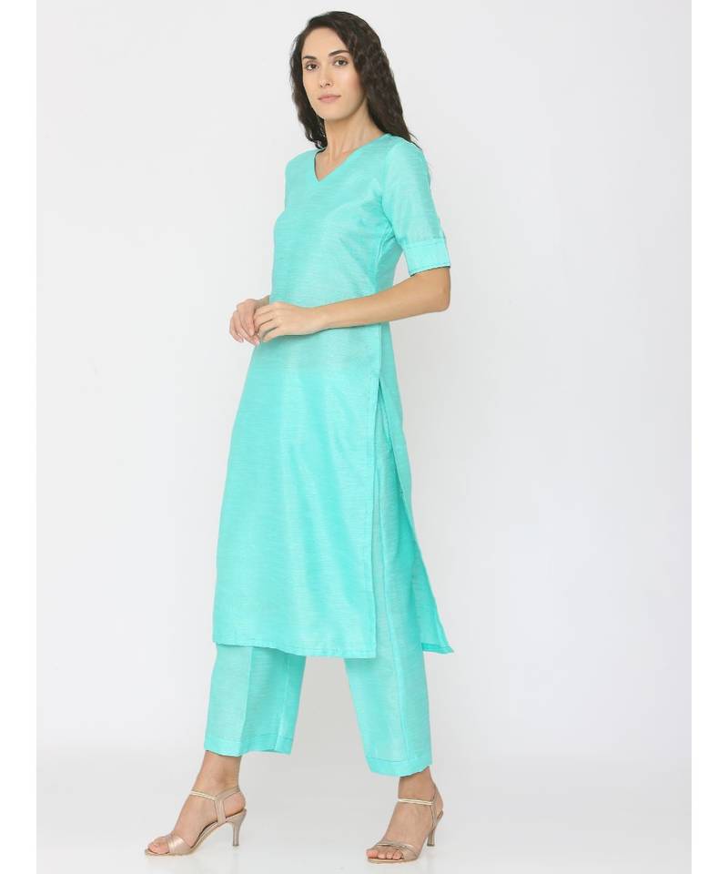 green plain silk kurta-sets