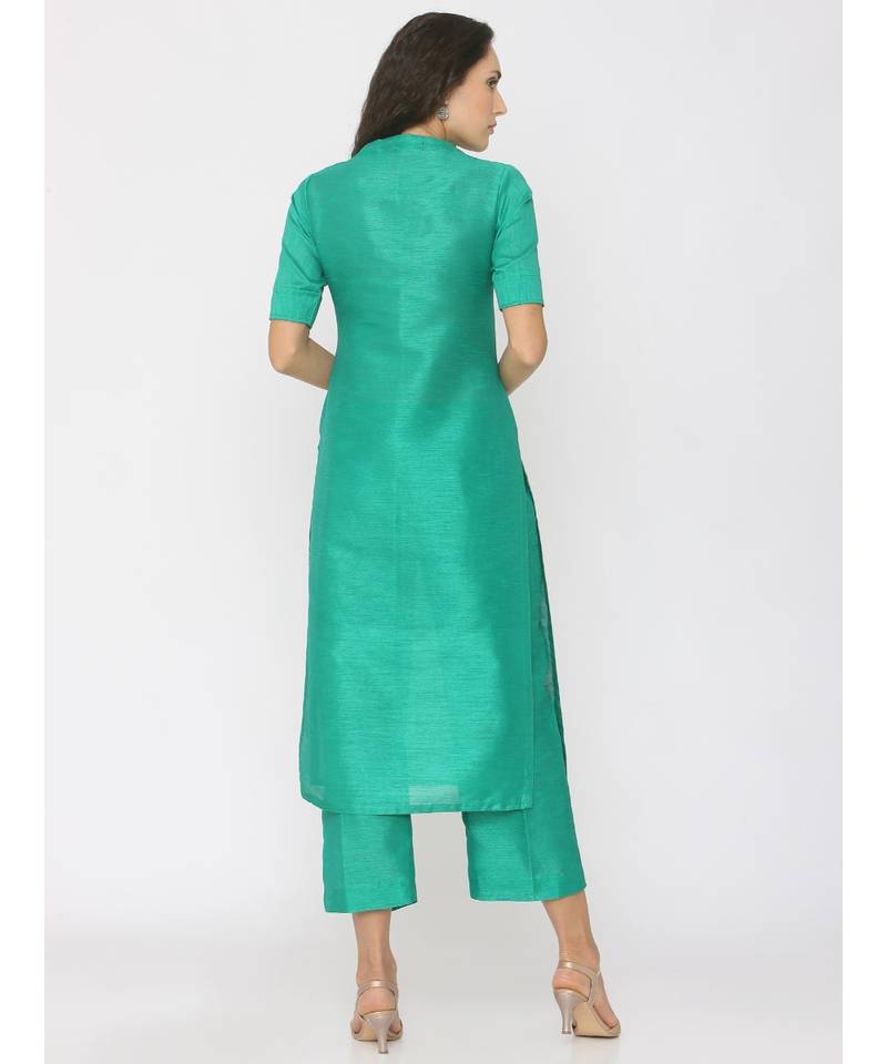 green plain silk kurta-sets