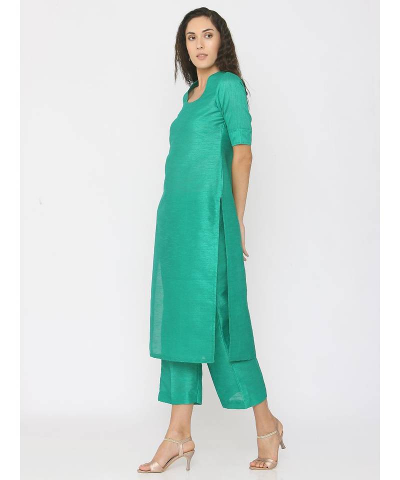 green plain silk kurta-sets