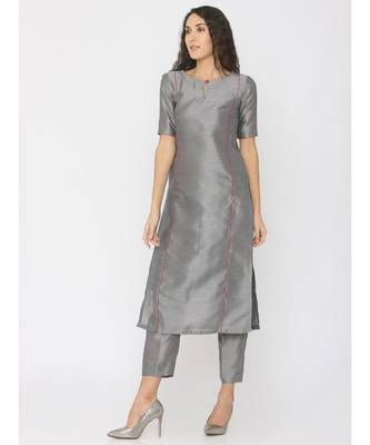 grey plain silk kurta-sets 4