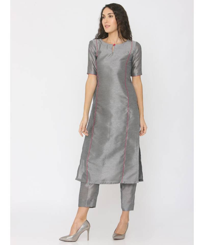 grey plain silk kurta-sets