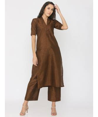 brown plain art silk suit  1