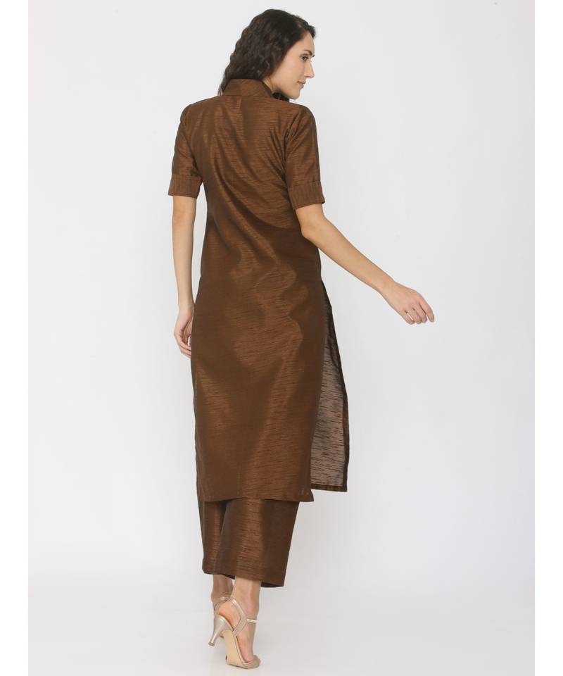 brown plain art silk suit 