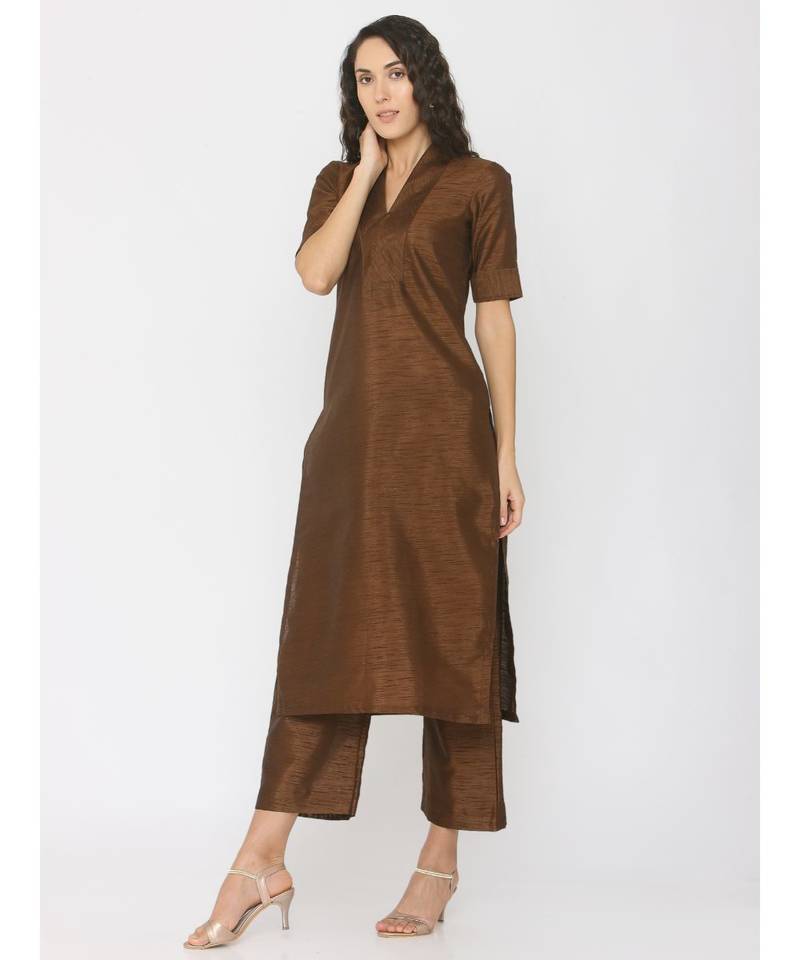 brown plain art silk suit 