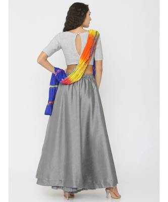 grey lenin blouse paired with silk skirt and blue shibori duppatta 2