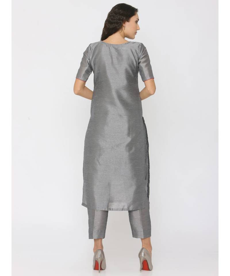 Grey Silk Plain Kurta Set