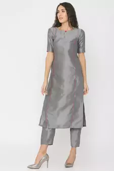 Grey Silk Plain Kurta Set