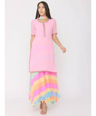 Short pink georgrtte kurti with rainbow leharia skirt and duppatta  1