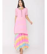 Short pink georgrtte kurti with rainbow leharia skirt and duppatta 