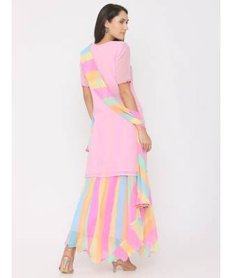Short pink georgrtte kurti with rainbow leharia skirt and duppatta  2