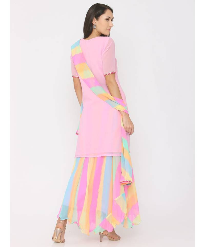 Short pink georgrtte kurti with rainbow leharia skirt and duppatta 