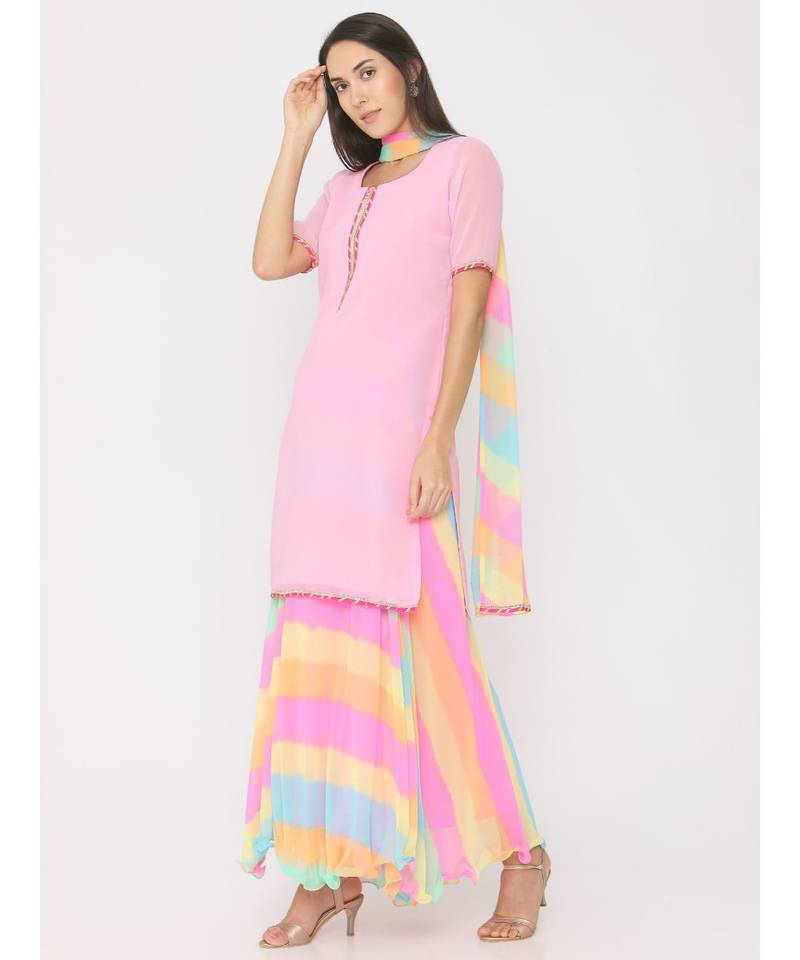 Short pink georgrtte kurti with rainbow leharia skirt and duppatta 