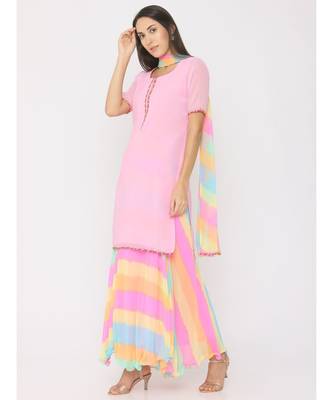 Short pink georgrtte kurti with rainbow leharia skirt and duppatta  4