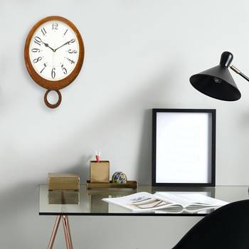 Brown Wooden Bell Shaped Analog Pendulum Wall Clock With Emobossed Numerals (43Cm X 28Cm) 2