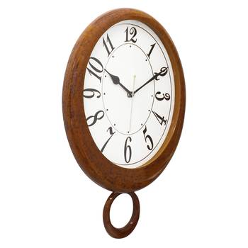 Brown Wooden Bell Shaped Analog Pendulum Wall Clock With Emobossed Numerals (43Cm X 28Cm) 4