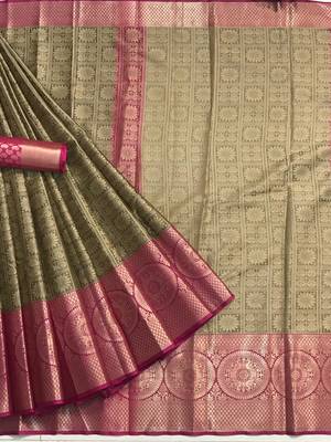 mahendi woven Banarasi Silk Saree With Attached Blouse 1