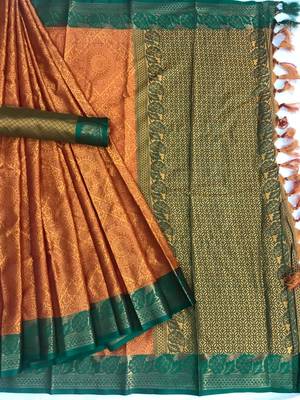 orange woven Banarasi Silk Saree With Attached Blouse 1