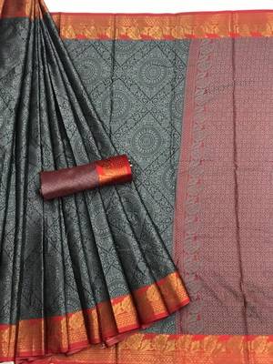 grey woven Banarasi Silk Saree With Attached Blouse 1