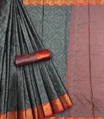 grey woven Banarasi Silk Saree With Attached Blouse