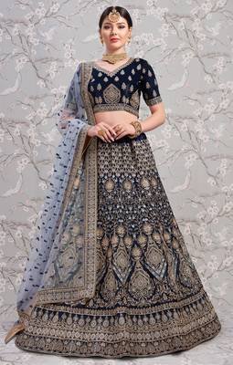 Navy Blue Thread Embroidered Satin Semi Stitched wedding lehenga Choli For Bridal 1