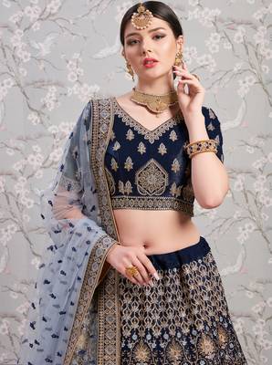 Navy Blue Thread Embroidered Satin Semi Stitched wedding lehenga Choli For Bridal 2