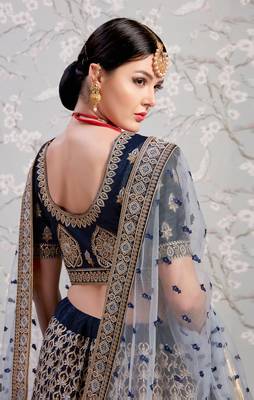 Navy Blue Thread Embroidered Satin Semi Stitched wedding lehenga Choli For Bridal 3