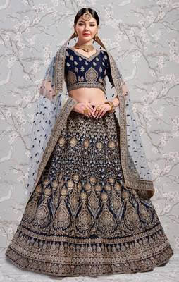 Navy Blue Thread Embroidered Satin Semi Stitched wedding lehenga Choli For Bridal 4