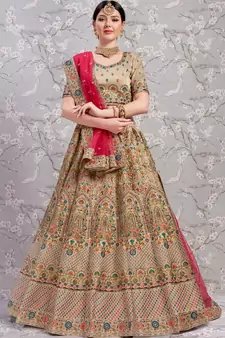 Beige Thread And Sequins Embroidered Silk Semi Stitched bridal lehenga Choli For Bridal