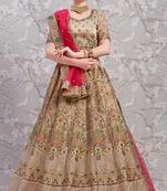 Beige Thread And Sequins Embroidered Silk Semi Stitched Bridal Lehenga Choli For Bridal