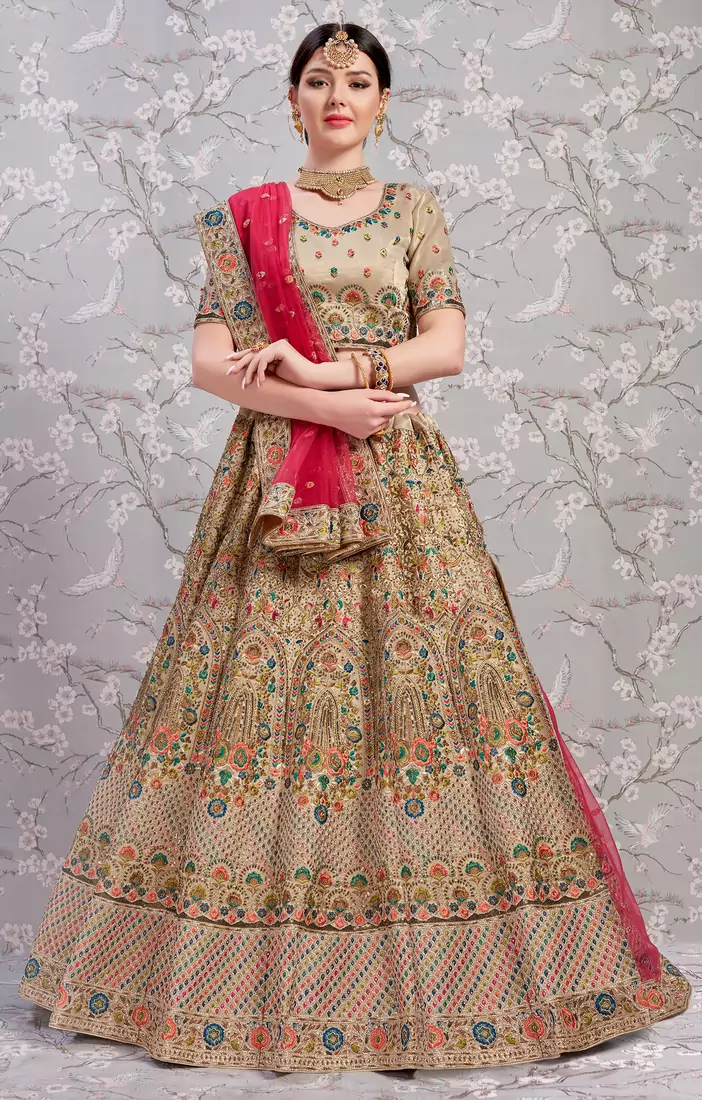 Beige Thread And Sequins Embroidered Silk Semi Stitched bridal lehenga Choli For Bridal