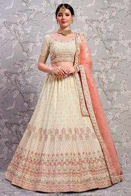 Off White Thread And Zari Embroidered Georgette Semi Stitched Lehenga Choli For Bridal 1