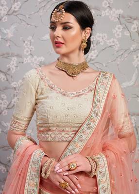 Off White Thread And Zari Embroidered Georgette Semi Stitched Lehenga Choli For Bridal 2