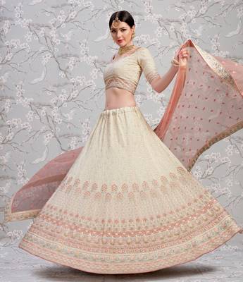 Off White Thread And Zari Embroidered Georgette Semi Stitched Lehenga Choli For Bridal 4
