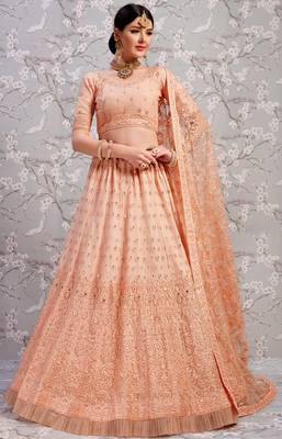 Peach Thread Embroidered Net Unstitched Lehenga Choli For Bridal 1
