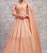 Peach Thread Embroidered Net Unstitched Lehenga Choli For Bridal