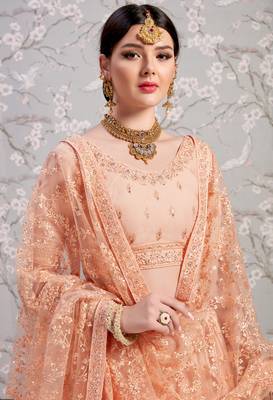 Peach Thread Embroidered Net Unstitched Lehenga Choli For Bridal 2